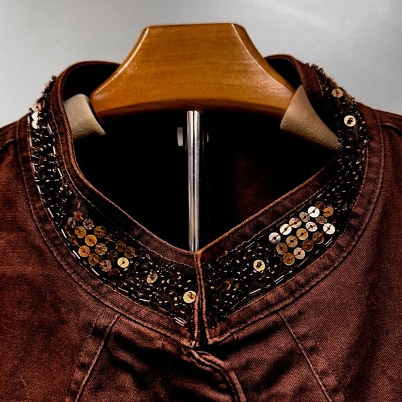 Apt 9 Sequin Embellished Utility Style Brown Jacket Pockets Button Front Large - Picture 2 of 9